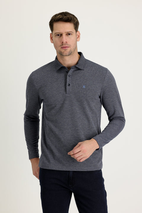 Dark Navy Polo Shirt with Patterned Embroidered Design