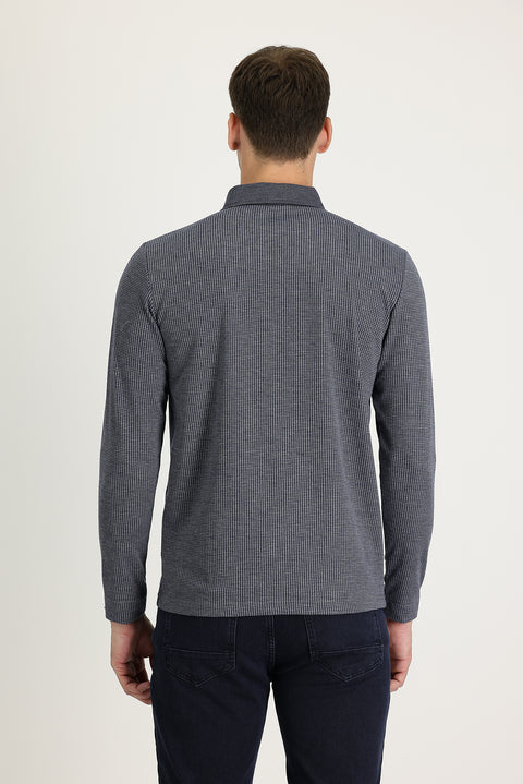 Dark Navy Polo Shirt with Patterned Embroidered Design