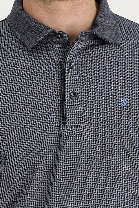 Dark Navy Polo Shirt with Patterned Embroidered Design