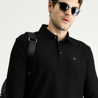 Black Polo Collar Embroidered Cotton Sweatshirt