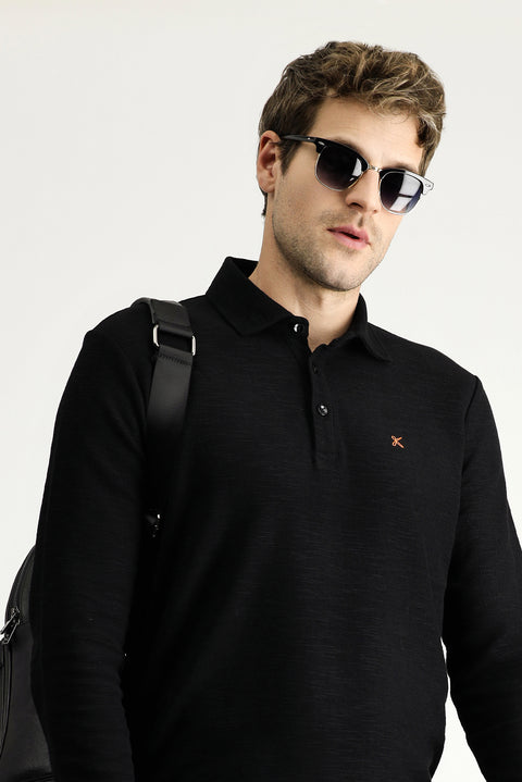 Black Polo Collar Embroidered Cotton Sweatshirt