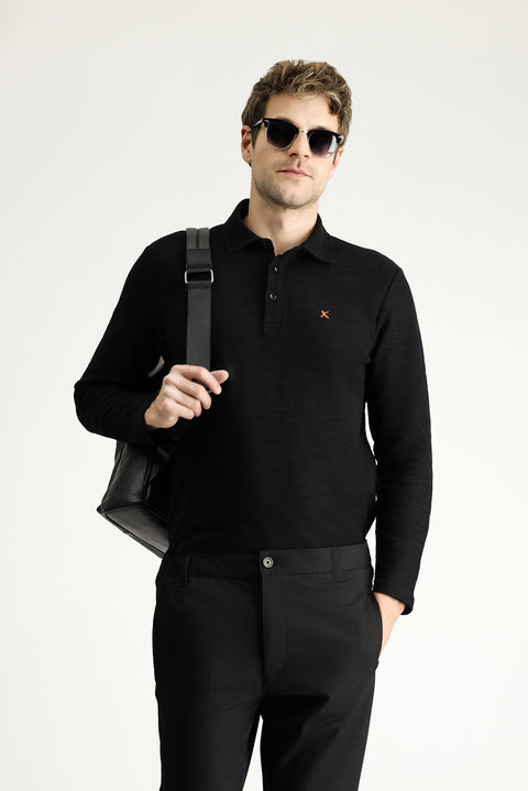 Black Polo Collar Embroidered Cotton Sweatshirt