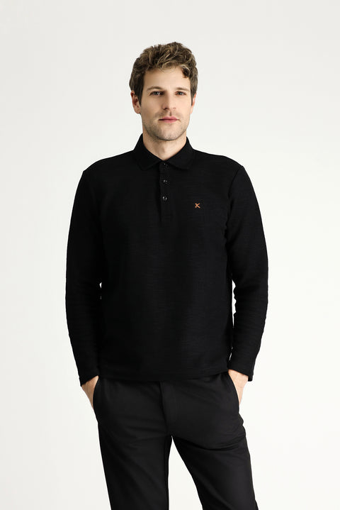 Black Polo Collar Embroidered Cotton Sweatshirt