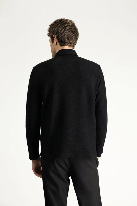 Black Polo Collar Embroidered Cotton Sweatshirt