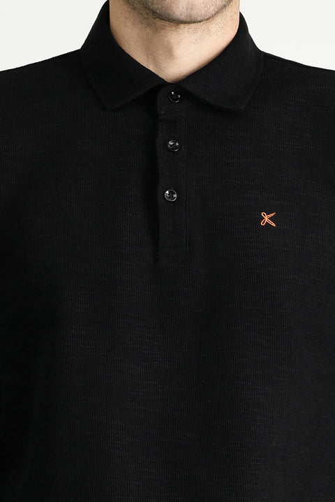 Black Polo Collar Embroidered Cotton Sweatshirt