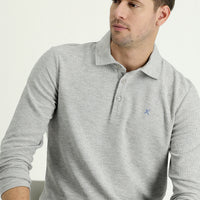 Orta Gri Melanj Polo Yaka Nakışlı Pamuklu Sweatshirt