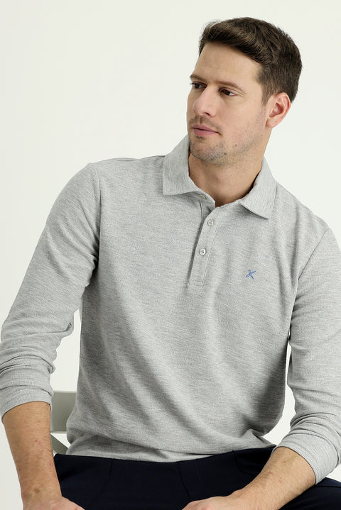 Orta Gri Melanj Polo Yaka Nakışlı Pamuklu Sweatshirt