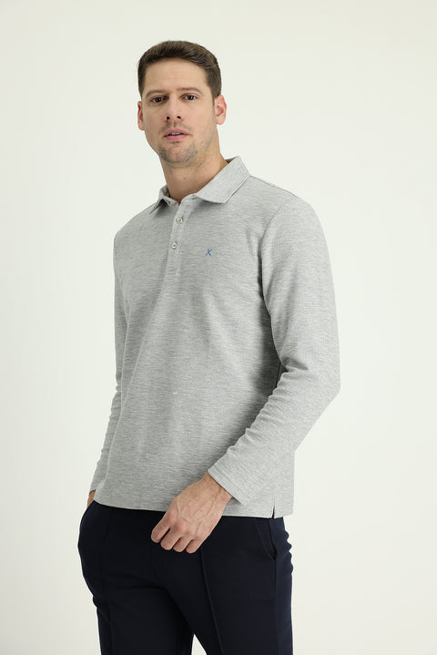 Orta Gri Melanj Polo Yaka Nakışlı Pamuklu Sweatshirt