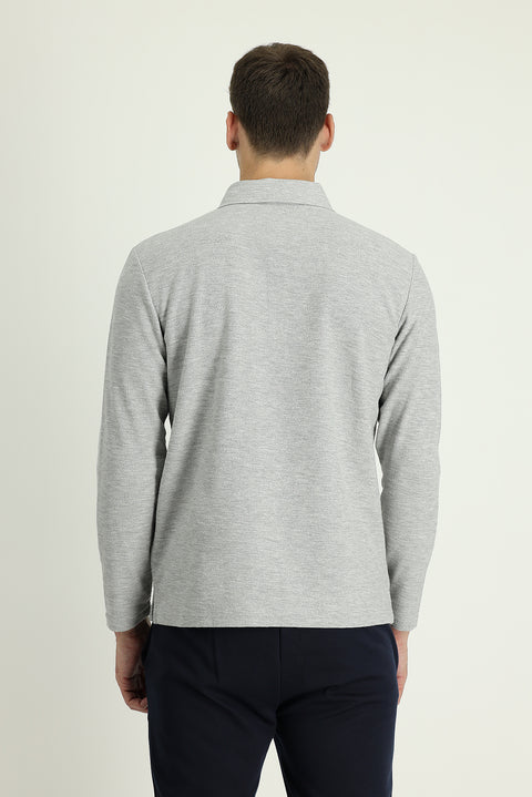 Orta Gri Melanj Polo Yaka Nakışlı Pamuklu Sweatshirt