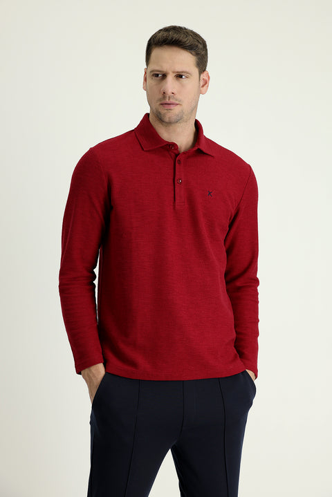 Koyu Kırmızı Polo Yaka Nakışlı Pamuklu Sweatshirt