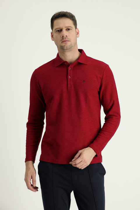 Koyu Kırmızı Polo Yaka Nakışlı Pamuklu Sweatshirt