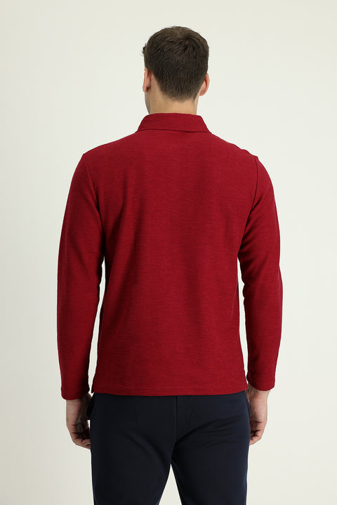 Koyu Kırmızı Polo Yaka Nakışlı Pamuklu Sweatshirt