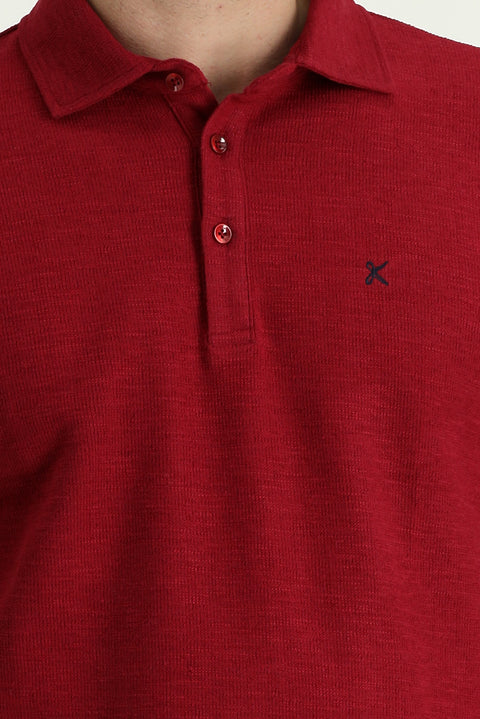 Koyu Kırmızı Polo Yaka Nakışlı Pamuklu Sweatshirt