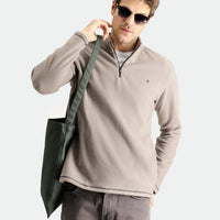 Medium Grey Melange Half-Zip Stand-Up Collar Cold-Resistant, Non-Pilling Fleece Sweatshirt