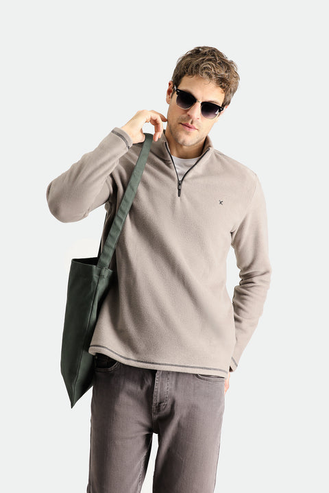 Medium Grey Melange Half-Zip Stand-Up Collar Cold-Resistant, Non-Pilling Fleece Sweatshirt