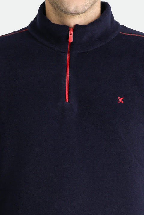 Dark Navy Half-Zip Stand-Up Collar Cold-Resistant, Non-Pilling Fleece Sweatshirt