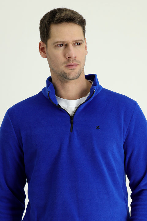 Navy Blue Half-Zip Stand-Up Collar Cold-Resistant, Non-Pilling Fleece Sweatshirt