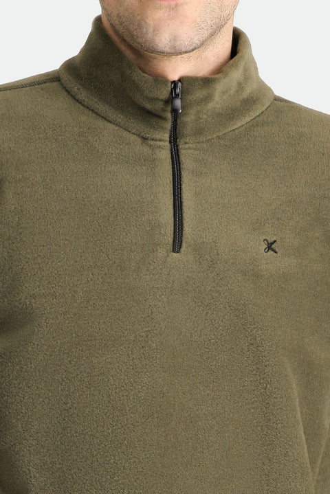 Orta Haki Yarım Fermuarlı Dik Yaka Soğuk Geçirmez Tüylenme Yapmayan Polar Sweatshirt