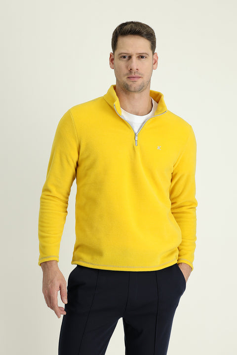 Lemon Yellow Half-Zip Stand-Up Collar Cold-Resistant, Non-Pilling Fleece Sweatshirt