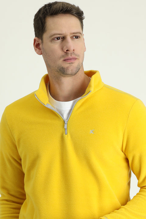Lemon Yellow Half-Zip Stand-Up Collar Cold-Resistant, Non-Pilling Fleece Sweatshirt