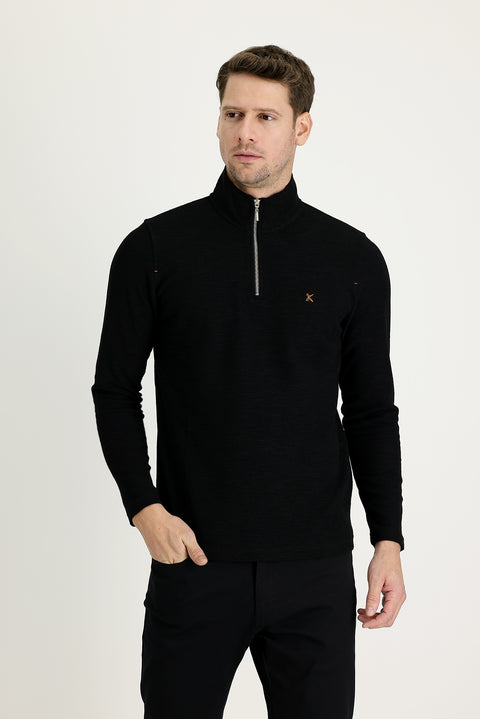 Black Semi-Turtleneck Zip-Up Embroidered Sweatshirt