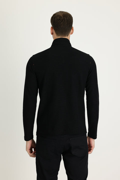 Black Semi-Turtleneck Zip-Up Embroidered Sweatshirt