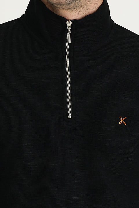 Black Semi-Turtleneck Zip-Up Embroidered Sweatshirt