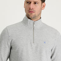 Medium Grey Melange Half Turtleneck Zip-Up Embroidered Sweatshirt
