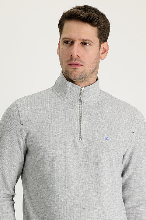 Medium Grey Melange Half Turtleneck Zip-Up Embroidered Sweatshirt