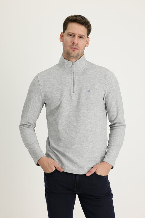 Medium Grey Melange Half Turtleneck Zip-Up Embroidered Sweatshirt