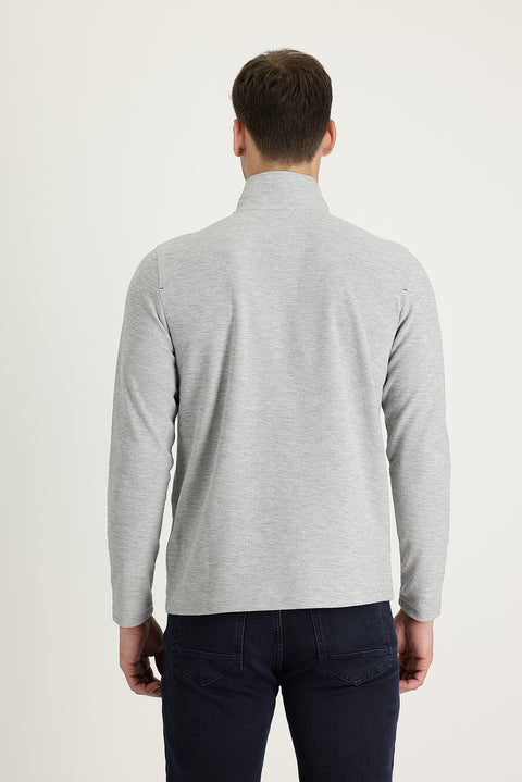 Medium Grey Melange Half Turtleneck Zip-Up Embroidered Sweatshirt