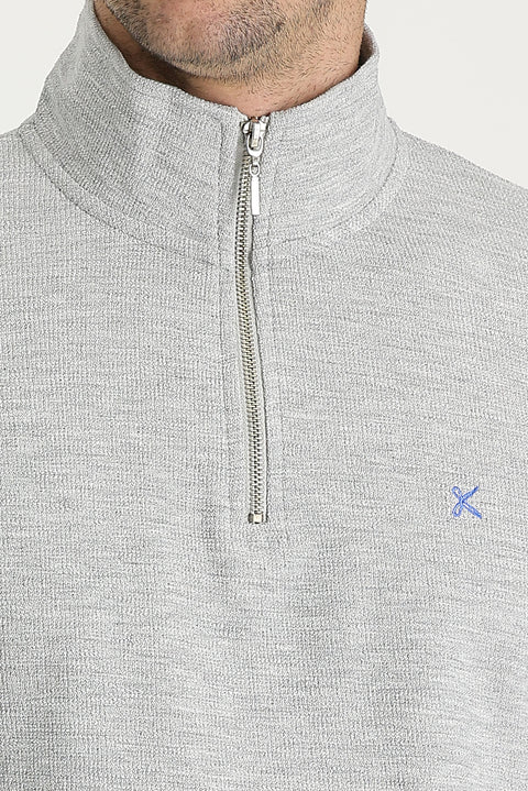 Medium Grey Melange Half Turtleneck Zip-Up Embroidered Sweatshirt