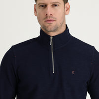 Dark Navy Semi-Turtleneck Zip-Up Embroidered Sweatshirt