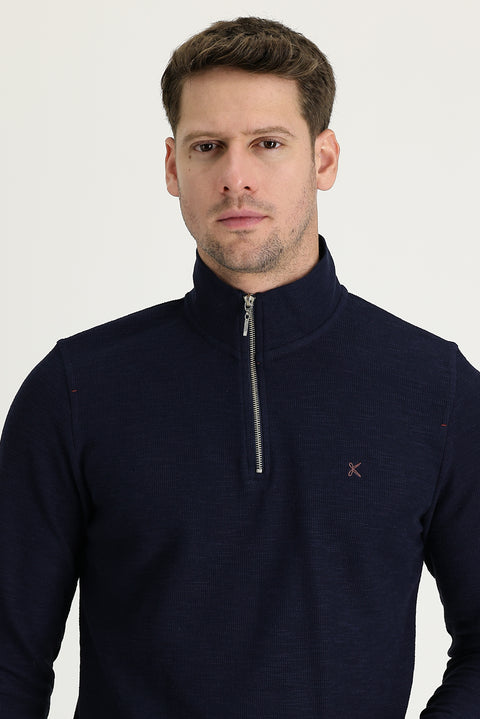 Dark Navy Semi-Turtleneck Zip-Up Embroidered Sweatshirt