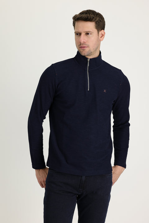Dark Navy Semi-Turtleneck Zip-Up Embroidered Sweatshirt
