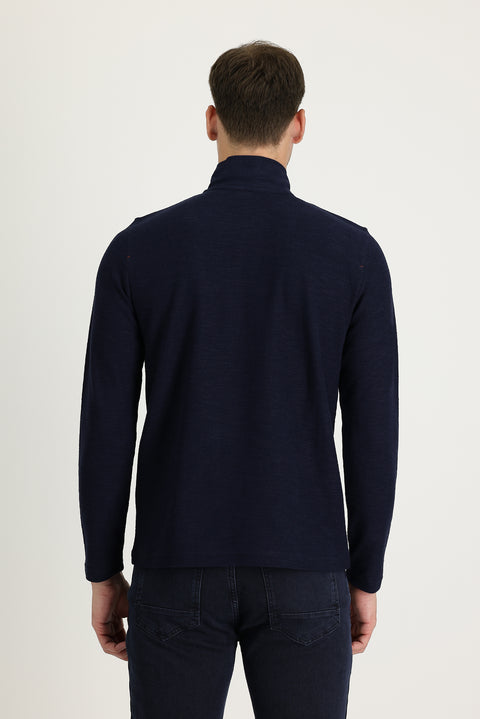 Dark Navy Semi-Turtleneck Zip-Up Embroidered Sweatshirt