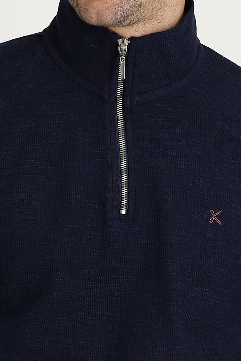 Dark Navy Semi-Turtleneck Zip-Up Embroidered Sweatshirt