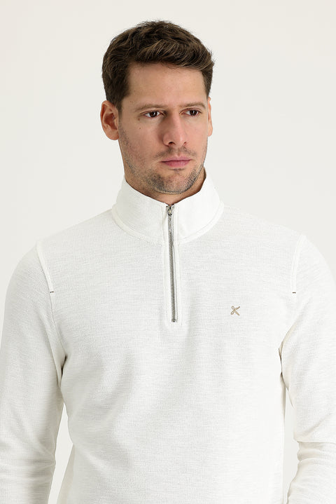 Ekru Yarım Balıkçı Yaka Fermuarlı Nakışlı Sweatshirt