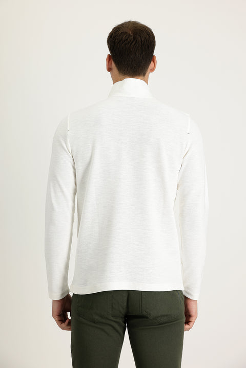 Ekru Yarım Balıkçı Yaka Fermuarlı Nakışlı Sweatshirt