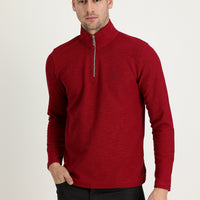 Koyu Kırmızı Yarım Balıkçı Yaka Fermuarlı Nakışlı Sweatshirt