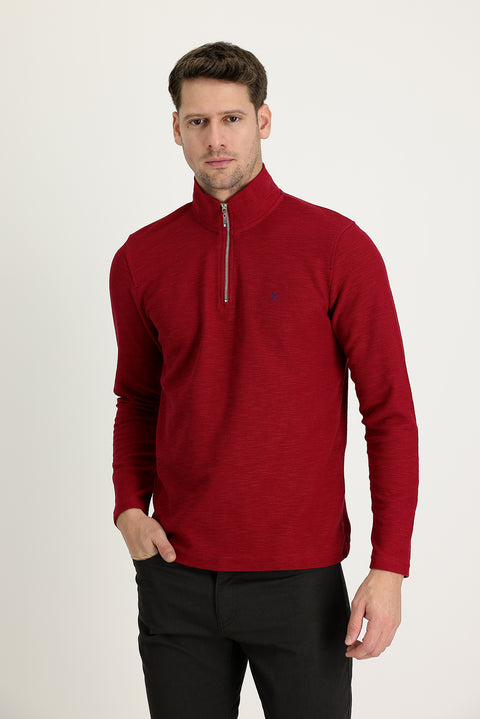 Koyu Kırmızı Yarım Balıkçı Yaka Fermuarlı Nakışlı Sweatshirt