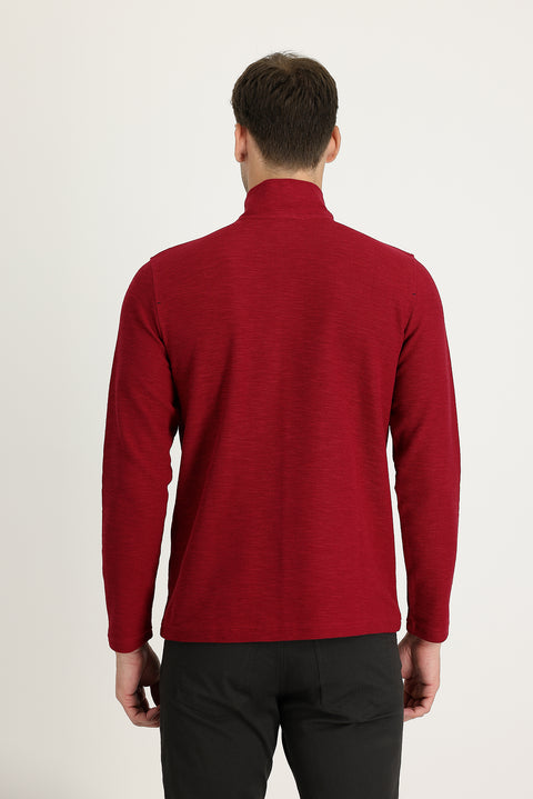 Koyu Kırmızı Yarım Balıkçı Yaka Fermuarlı Nakışlı Sweatshirt