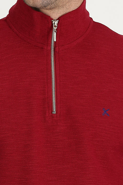 Koyu Kırmızı Yarım Balıkçı Yaka Fermuarlı Nakışlı Sweatshirt