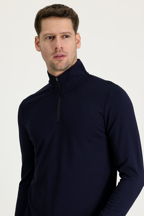 Dark Navy Semi-Turtleneck Slim Fit Narrow Cut Zip-Up Sweatshirt
