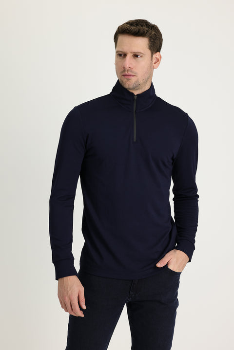 Dark Navy Semi-Turtleneck Slim Fit Narrow Cut Zip-Up Sweatshirt