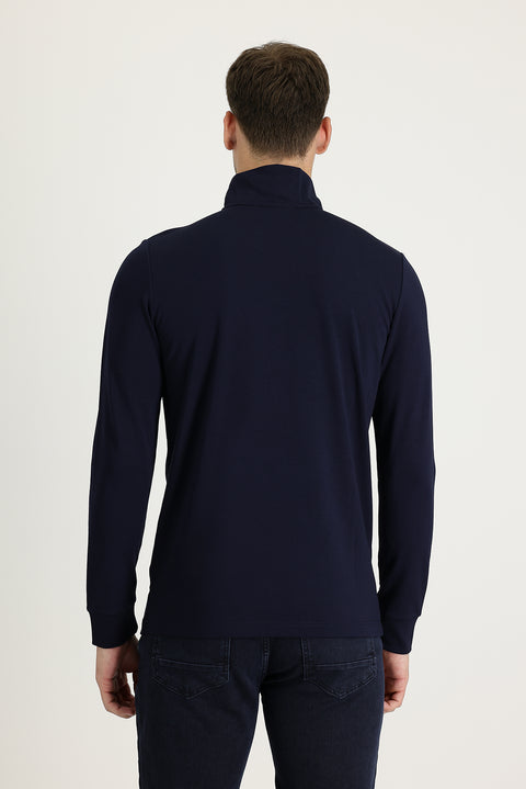 Dark Navy Semi-Turtleneck Slim Fit Narrow Cut Zip-Up Sweatshirt