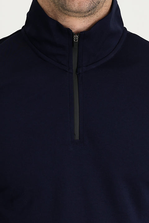 Dark Navy Semi-Turtleneck Slim Fit Narrow Cut Zip-Up Sweatshirt