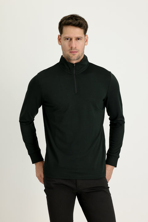Medium Khaki Semi-Turtleneck Slim Fit Narrow Cut Zip-Up Sweatshirt