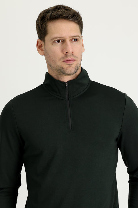 Medium Khaki Semi-Turtleneck Slim Fit Narrow Cut Zip-Up Sweatshirt