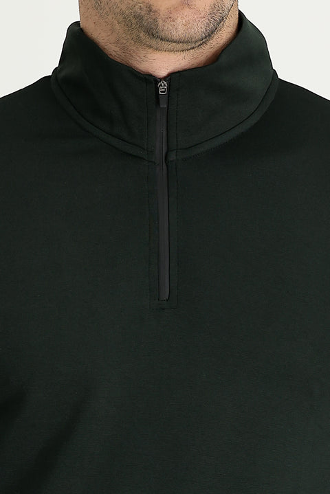 Medium Khaki Semi-Turtleneck Slim Fit Narrow Cut Zip-Up Sweatshirt